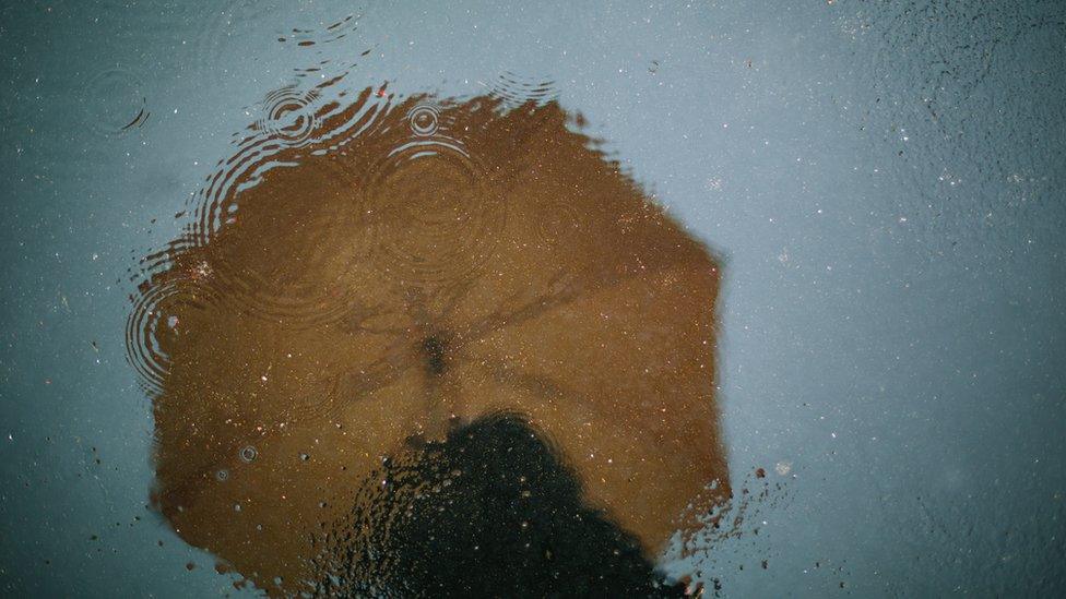 Puddle reflection of a person holding an umbrella