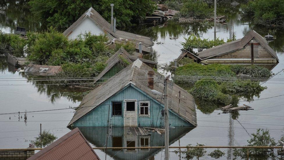 An aerial view of flooded homes in Kherson after the Nova Kakhovka dam breach