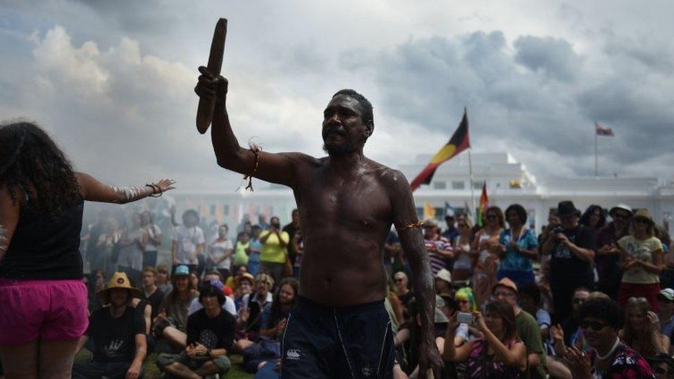 Indigenous Australians protest against Australia Day outside Old Parliament House in Canberra in 2016