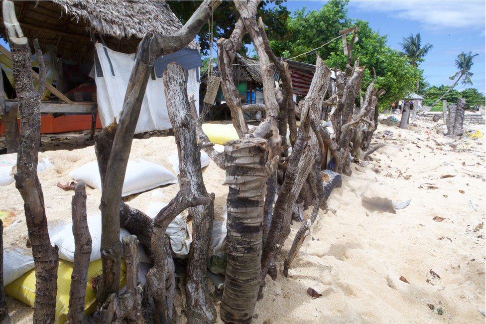 Picture of sandbags on the beach at Tarawa