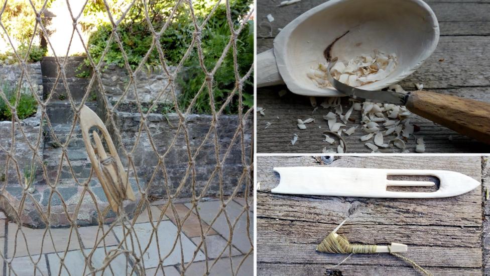 A fishing net, carved spoon and carved netting needle