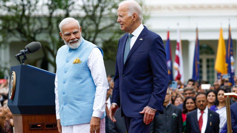 U.S. President Joe Biden (R) and Indian Prime Minister Narendra Modi participate in an arrival ceremony at the White House on June 22, 2023 in Washington, DC. Biden and Prime Minister Modi will later participate in a meeting in the Oval Office, a joint press conference, and a state dinner in the evening.