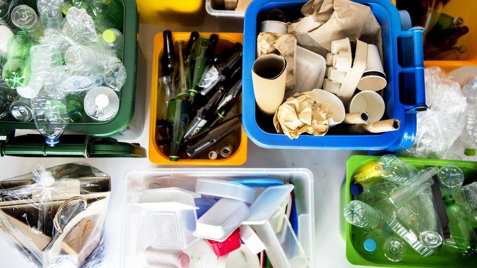 Recyclable waste divided into different boxes