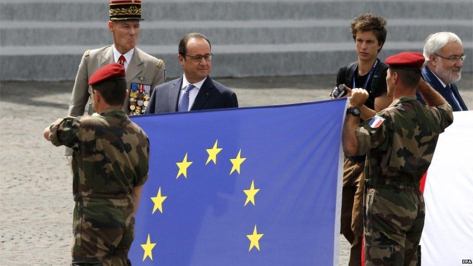 Francois Hollande reviews troops as part of Bastille Day celebrations (14 July)