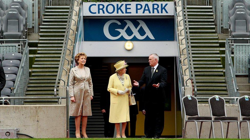 File photo dated 18/5/2011 of the President of the Irish Republic Mary McAleese, Queen Elizabeth II and GAA President Christy Cooney at Croke Park, Dublin,