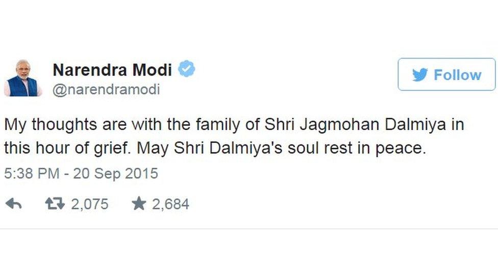 My thoughts are with the family of Shri Jagmohan Dalmiya in this hour of grief. May Shri Dalmiya's soul rest in peace.