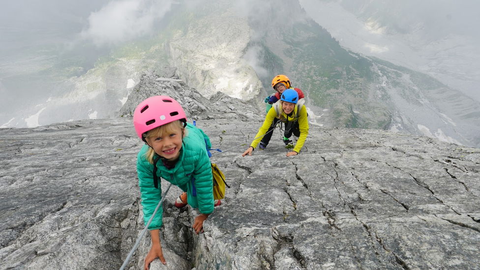 Freya, Jessica and Jackson Houlding on Piz Badile