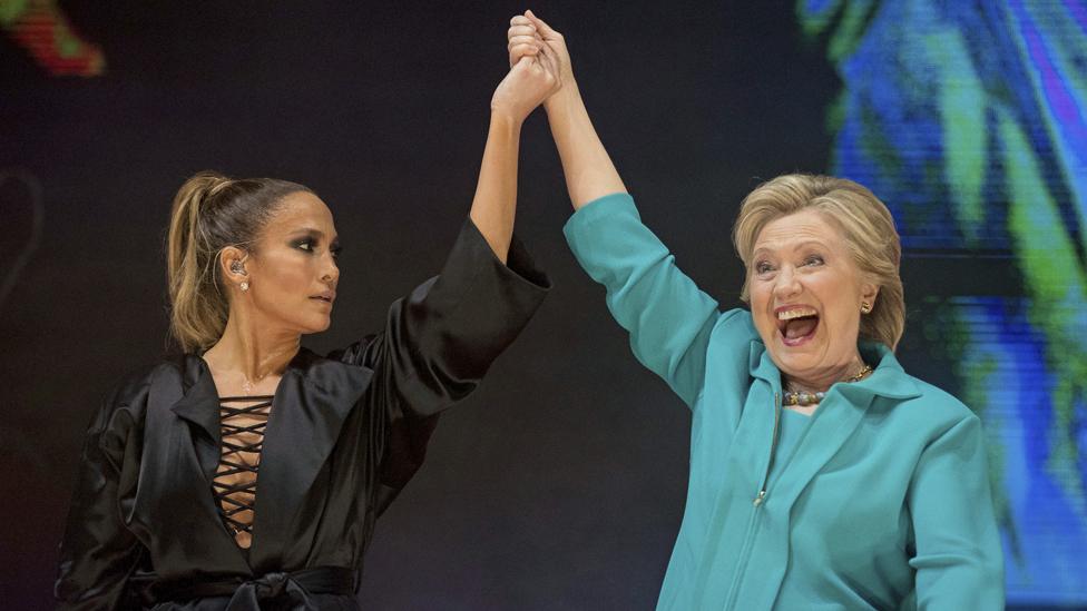 Hillary Clinton with Jennifer Lopez at a Get Out The Vote performance in Miami, Florida - 29 October 2016