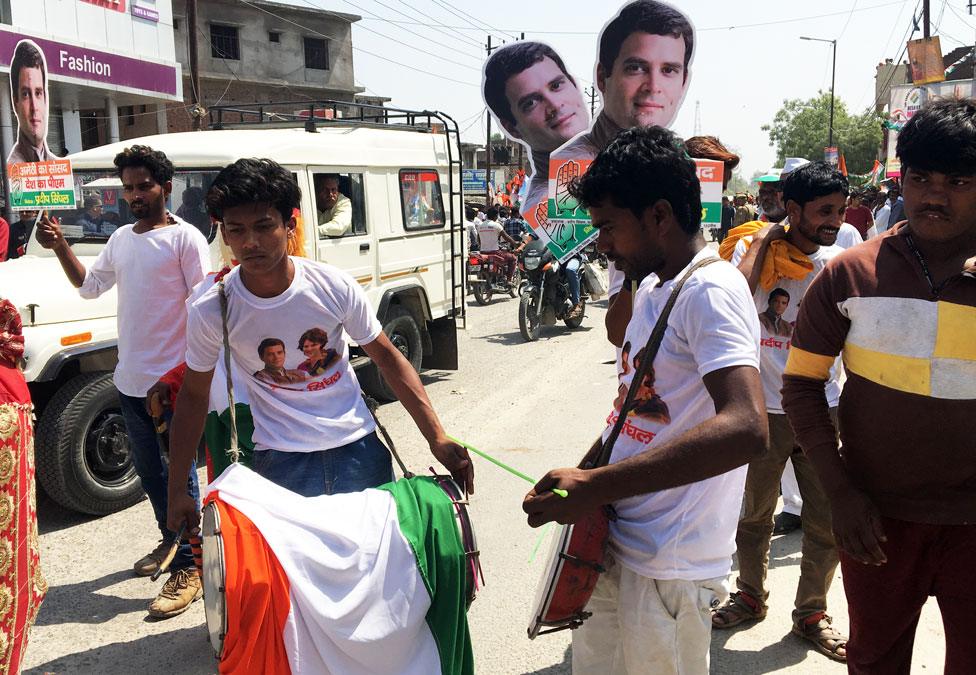 Men playing drums at Rahul Gandhi's roadshow in Amethi