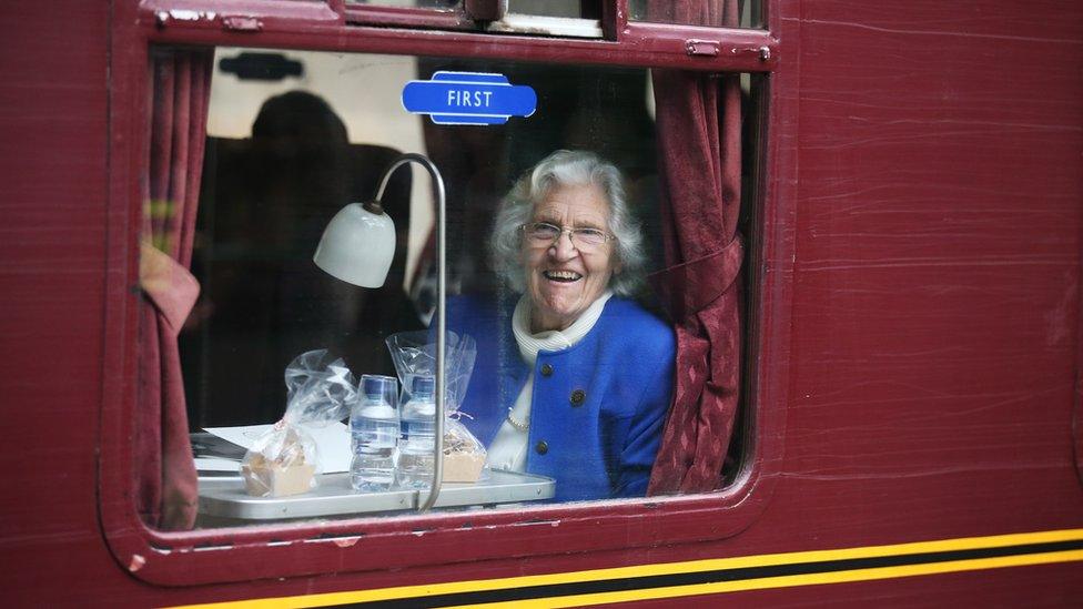 Borders Railway campaigner Madge Elliot on board the train