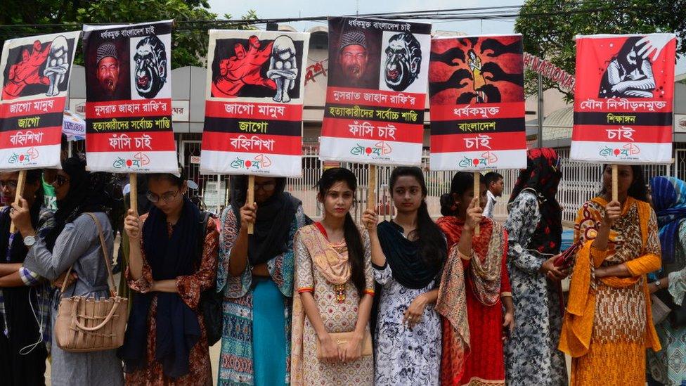 Different organization held a protest rally against the murder of Nusrat Jahan Rafi, a madrasa girl from Feni who was burnt in reprisal after sexual abuse charges against the principal, in Dhaka, Bangladesh, on April 12, 2019