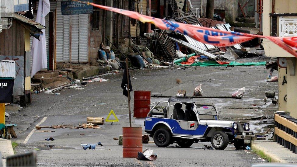 A view of the Maute group stronghold with an ISIS flag in Marawi City in southern Philippines 29 May 2017.