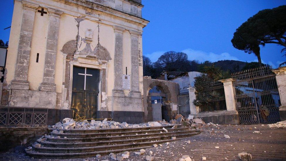 St. Agata church is seen damaged by an earthquake