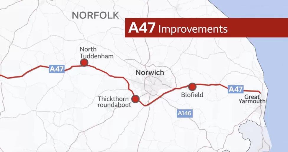 Map showing the planned improvements to the A47