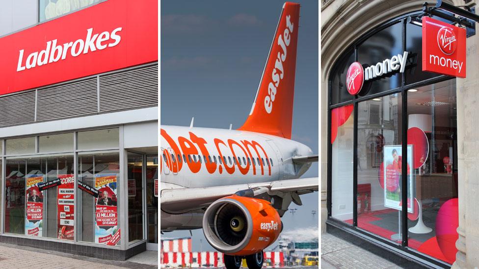 Signs for Ladbrokes, EasyJet and Virgin Money