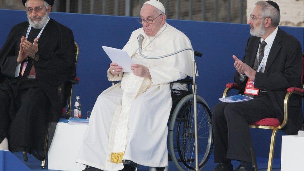 Pope Francis (C) with other faith leaders in Rome, 25 Oct 22