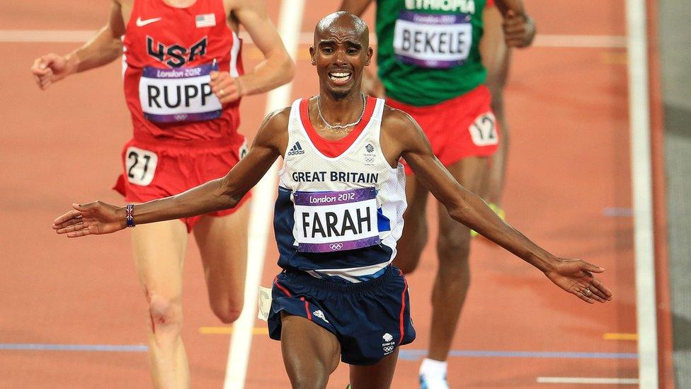 Mo Farah celebrates winning the Men's 10,000m final at the Olympic Stadium, London