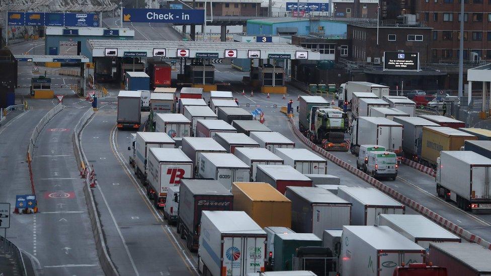 lorries queue up at the Port of Dover on the south coast of England