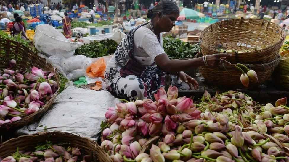 An Indian flower vendor sorts lotus flowers as she waits for customers at the Koyembedu wholesale market in Chennai on February 12, 2018