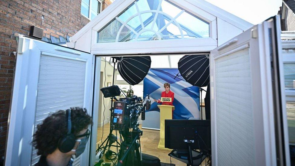 Scotland's First Minister and leader of the Scottish National Party (SNP) Nicola Sturgeon, launches the party's Election Manifesto in Glasgow on April 15, 2021, during campaigning for the Scottish Parliamentary elections.