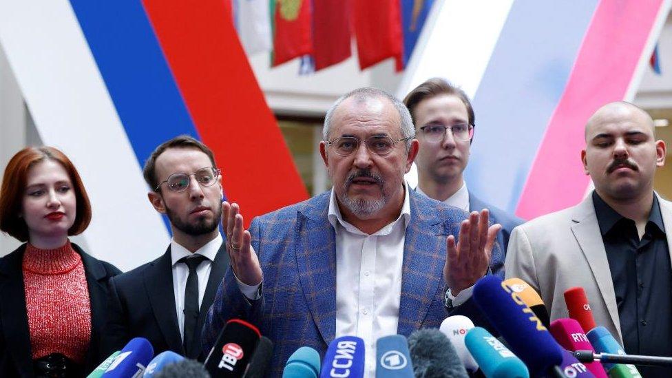 Boris Nadezhdin, a representative of Civil Initiative political party, speaks to journalists after the Central Election Commission barred him from running in Russia's 2024 presidential election, at the commission's office in Moscow, Russia February 8, 2024.