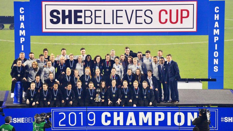 The England Women's National Team poses with the trophy after winning the She Believes Cup at Raymond James Stadium on March 05, 2019 in Tampa, Florida.