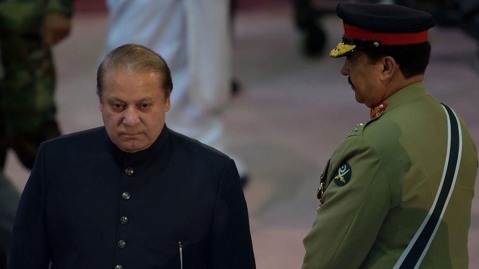 Pakistani Prime Minister Nawaz Sharif (L) walks past army chief Raheel Sharif