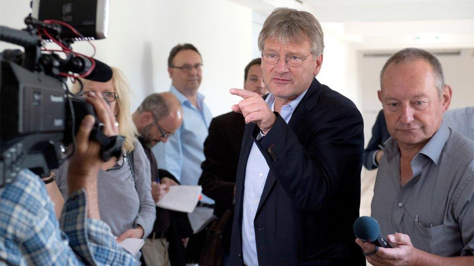 Joerg Meuthen, co-leader of AfD, talks to journalists (6 July)