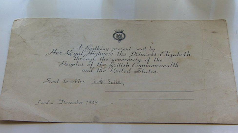 Royal card from hamper given to Mr and Mrs Shelley by Princess Elizabeth