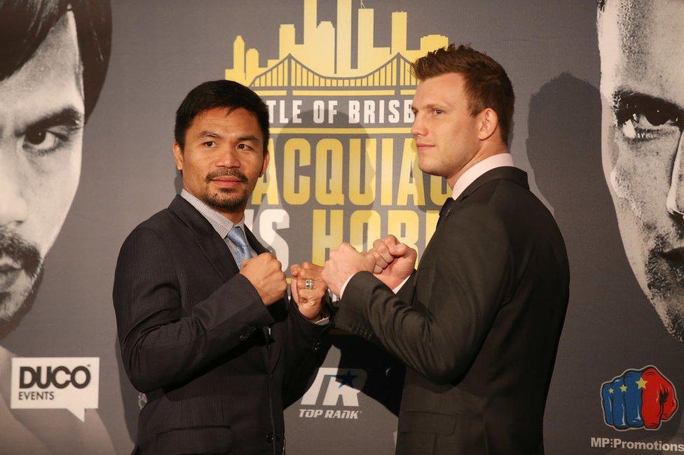 Manny Pacquiao and Jeff Horn face off during a press conference at Suncorp Stadium on July 2nd on April 26, 2017 in Brisbane, Australia.