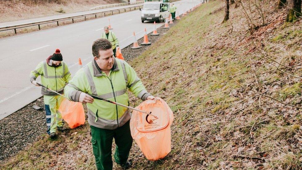 Litter picking on the A40 in Monmouthshire