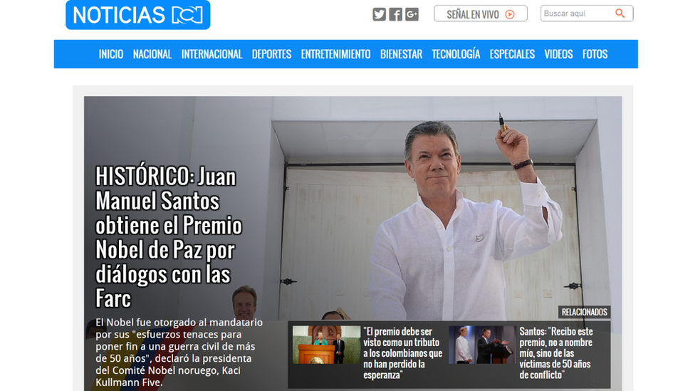 This picture shows a screengrab of the Noticias story about Mr Santos' Nobel accolade