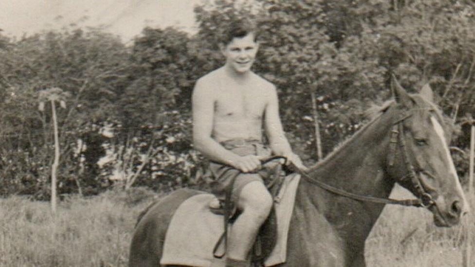 Geoff Whiting on a mule during World War Two