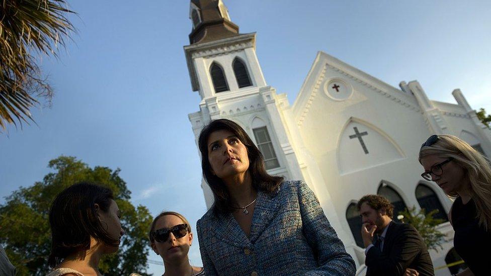 South Carolina Governor Nikki Haley speaks outside the Emanuel AME Church following a deadly shooting in Charleston, South Carolina.