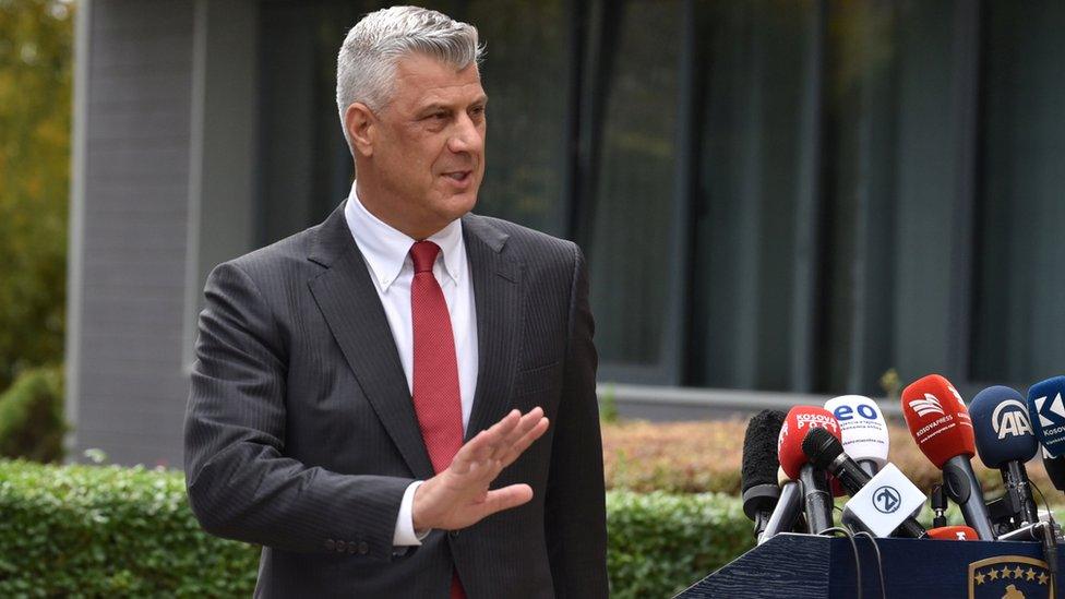 President Hashim Thaci gestures during a news conference as he resigns to face war crimes charges at international court in Pristina, Kosovo, November 5,