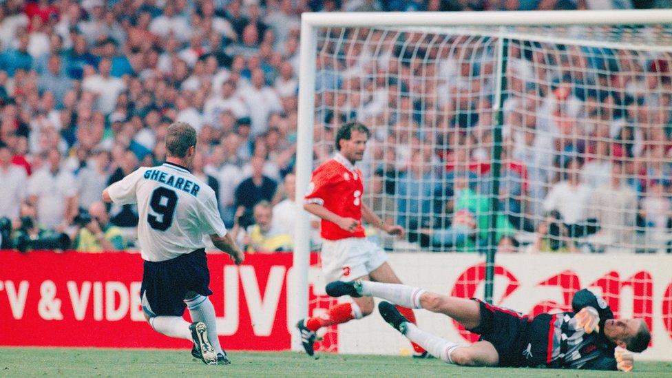 Alan Shearer scores against holland