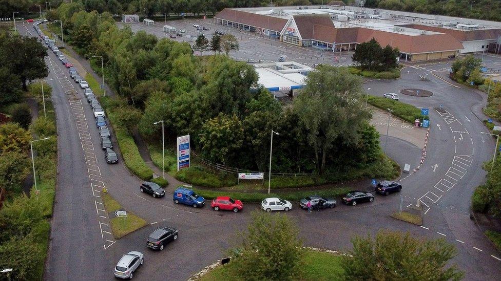 Long queue for fuel at a Tesco petrol station in Ashford, Kent, on Sunday