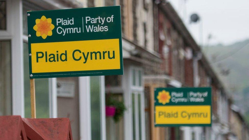 Arwyddion Plaid Cymru tu allan i dai