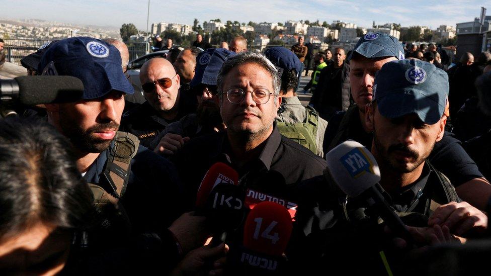 Israeli National Security Minister Itamar Ben-Gvir visits the scene of a deadly attack by Palestinian gunmen in West Jerusalem (30 November 2023)