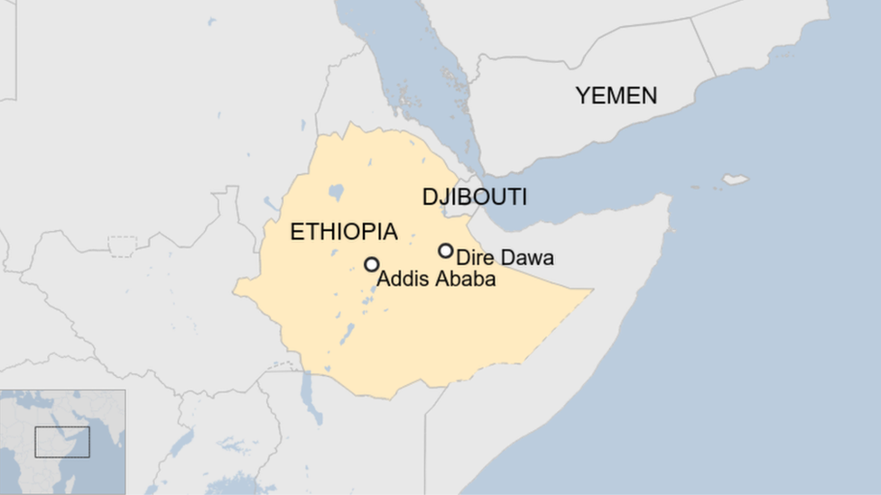 A map showing the locations of Dire Dawa and Addis Ababa in Ethiopia in relation to Djibouti.