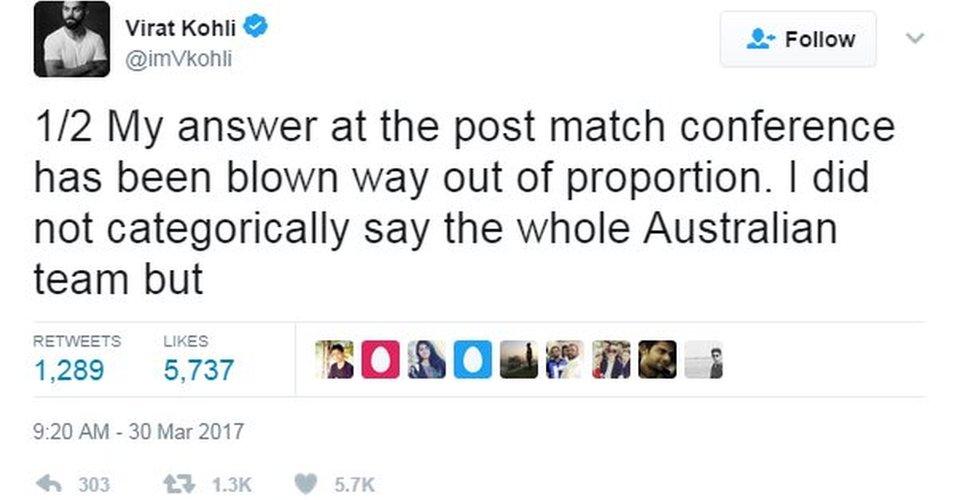 1/2 My answer at the post match conference has been blown way out of proportion. I did not categorically say the whole Australian team but