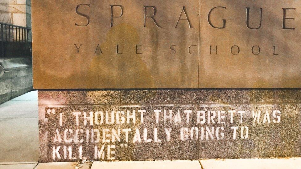 Photo of graffiti on a wall that reads "I thought that Brett was accidentally going to kill me"