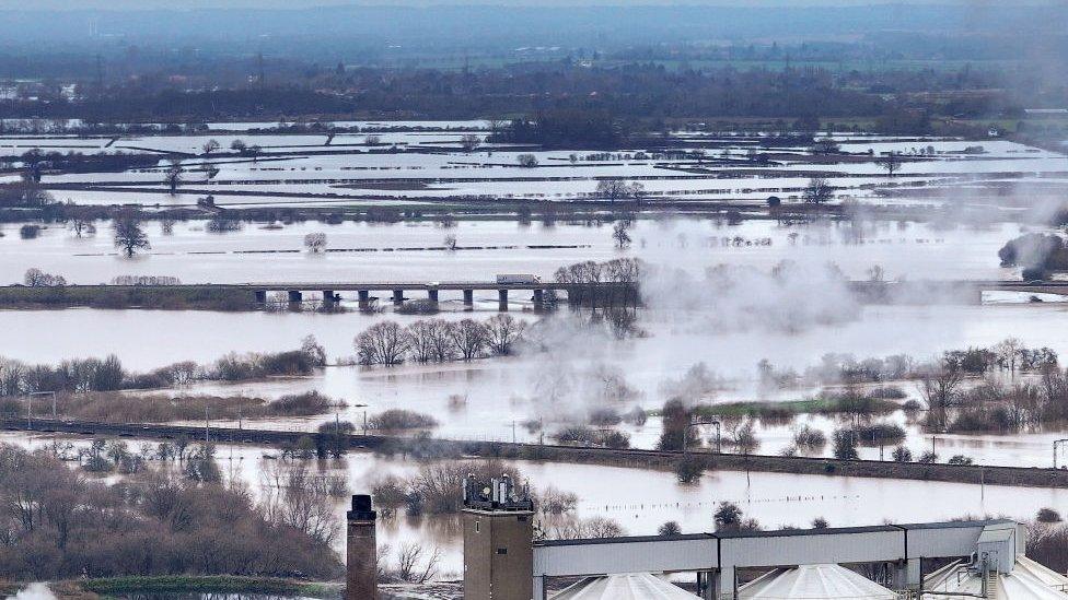 Aerial view in the aftermath of Storm Henk, fields and roads are flooded after the River Trent burst its banks with a major incident declared in Nottinghamshire.