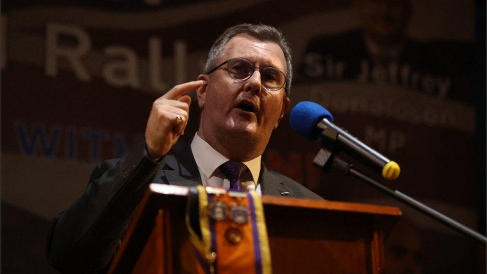 Sir Jeffrey Donaldson speaking at an anti-protocol rally in Ballymoney, County Antrim