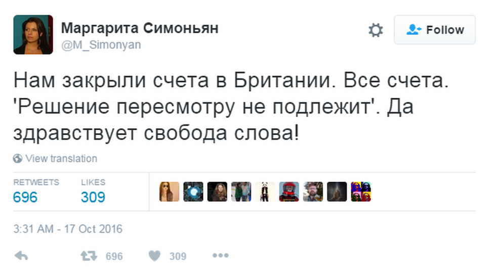 A tweet from RT editor in chief Margarita Simonyan