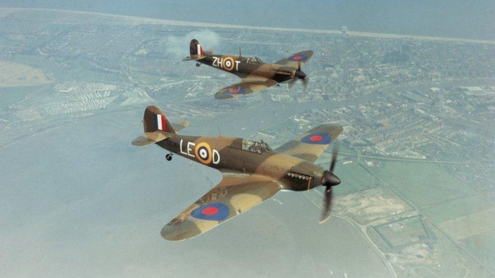 A Hawker Hurricane IIc LF363 (foreround), and a Supermarine Spitfire IIa P7350