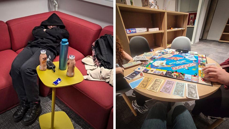 A composite image. The first is a student taking a nap on a red couch in the commuters lounge. The second is a group of three students socialising, and playing monopoly.