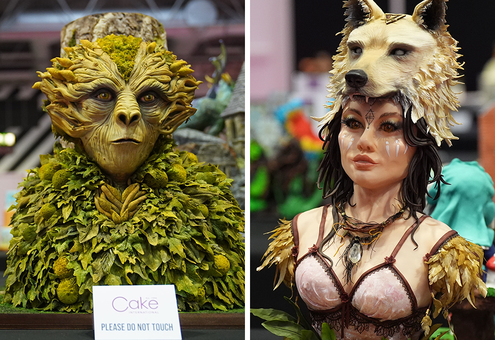 A composite image of cakes in the shape of a woodland creature on the left and a woman wearing a wolf's head on the right.