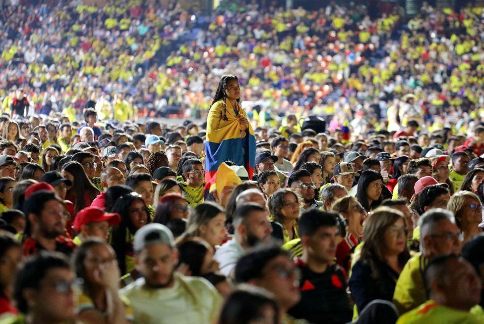 Colombian fans watch the 2024 Copa America final football match between Argentina and Colombia, in Medellin