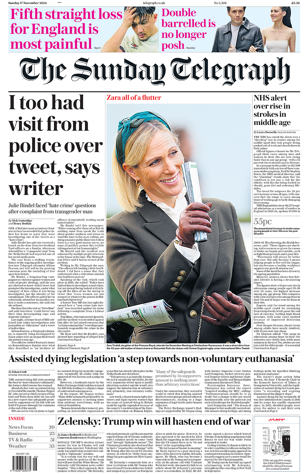 "I too had visit from police over tweet" headlines the Sunday Telegraph as it reports writer Julie Bindel was visited by officers after a transgender man in the Netherlands reported one of her social media posts. The Metropolitan Police told the paper it had no record of the incident. Elsewhere, Zara Tindall, daughter of the Princess Royal, is pictured as she attends Cheltenham racecourse. 